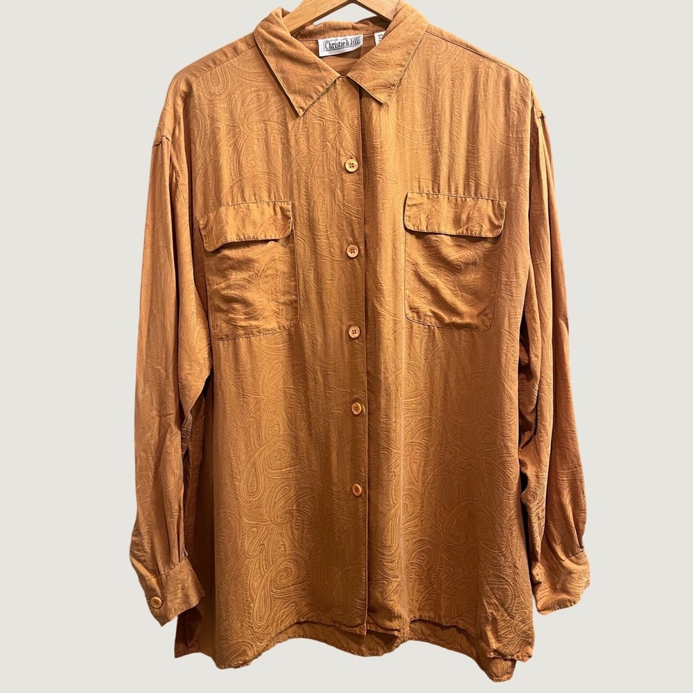 Christie & Jill Silk Paisley Button Down Shirt Womens XL Orange Jacquard Top